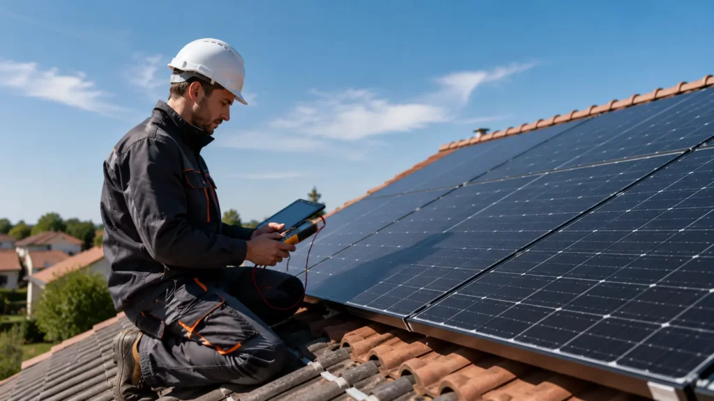 Technicien en tenue de travail inspectant une installation de panneaux solaires photovoltaïques sur le toit d'une maison à l'aide d'un appareil de mesure et d'une tablette, lors de la mise en service de l'installation.