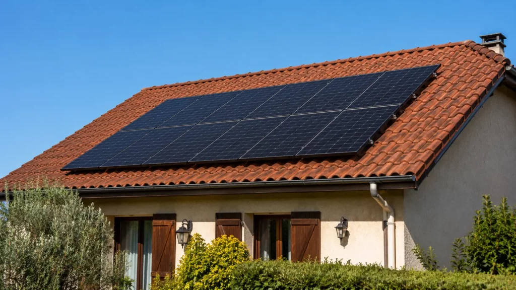 Toiture en tuiles équipée de panneaux solaires photovoltaïques installés en surimposition, orientée plein sud, sans ombrage, illustrant une installation optimisée pour la production d'électricité.