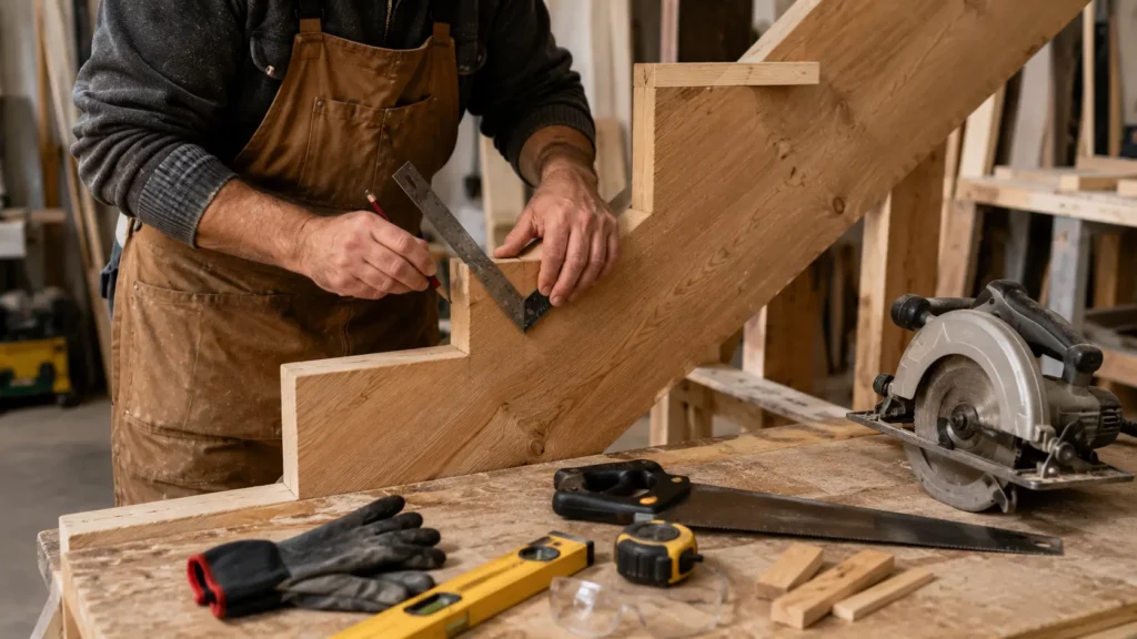 Artisan équipé de protections traçant une ligne de coupe sur le limon d'un escalier en bois posé sur des tréteaux à l'aide d'une équerre de menuisier et d'un mètre ruban, avec une scie circulaire, une scie à main, un niveau à bulle et des cales en bois sur l'établi.