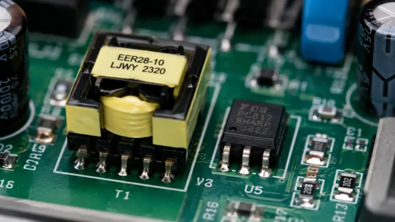 Photographie macro d'une carte électronique industrielle montrant un transformateur d'isolement et un optocoupleur soudés côte à côte sur un circuit imprimé, éclairés en studio dans un laboratoire d'électronique propre.
