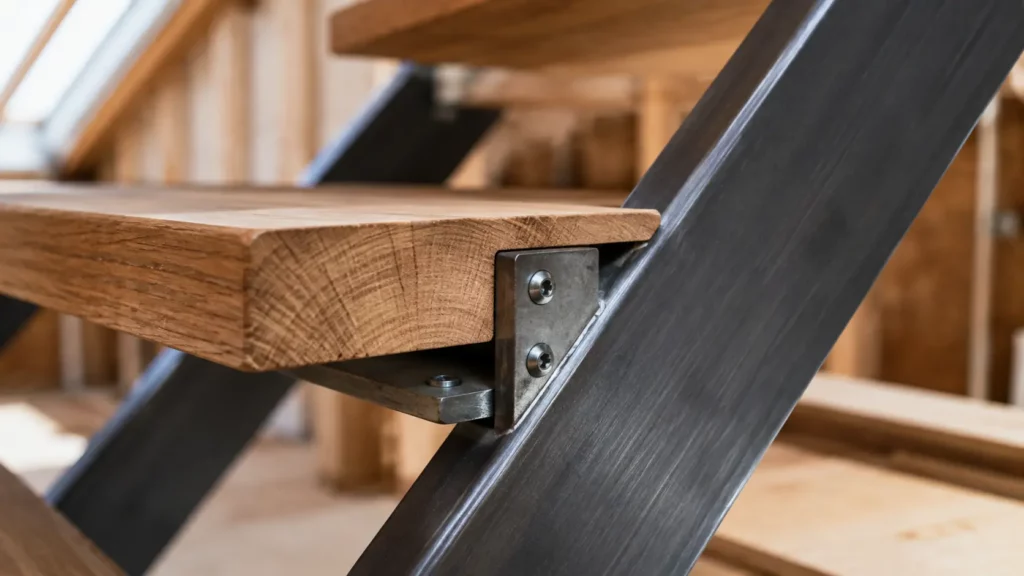 Gros plan sur l'assemblage d'une marche en bois massif et d'un limon en acier avec équerre métallique et fixations vissées lors du montage d'un escalier de combles.