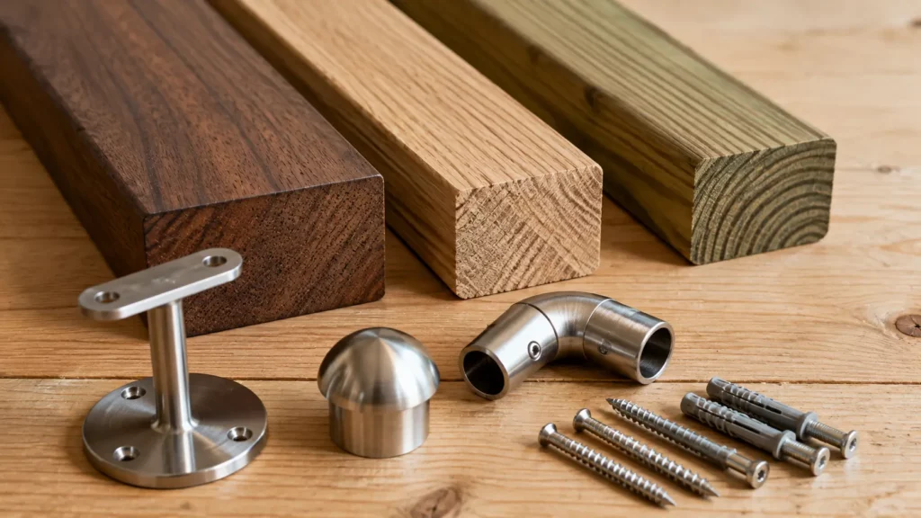 Échantillons d’ipé, de chêne traité et de pin autoclave avec fixations en inox pour rampe d’escalier extérieur.