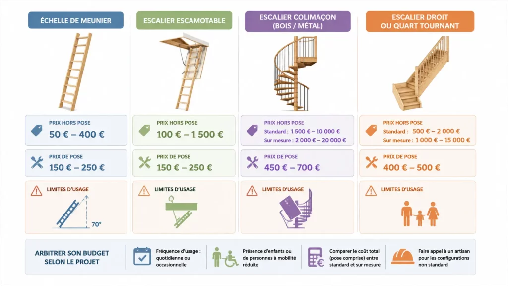 Infographie comparant les prix d'achat et de pose des principaux escaliers gain de place : échelle de meunier, escalier escamotable, escalier colimaçon et escalier quart tournant.