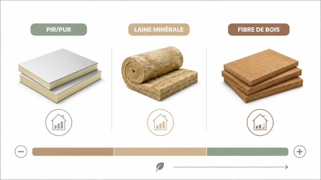 Infographie comparant les principaux isolants pour un escalier tournant : panneaux rigides PIR/PUR, laine minérale et fibre de bois, selon leur performance thermique relative.