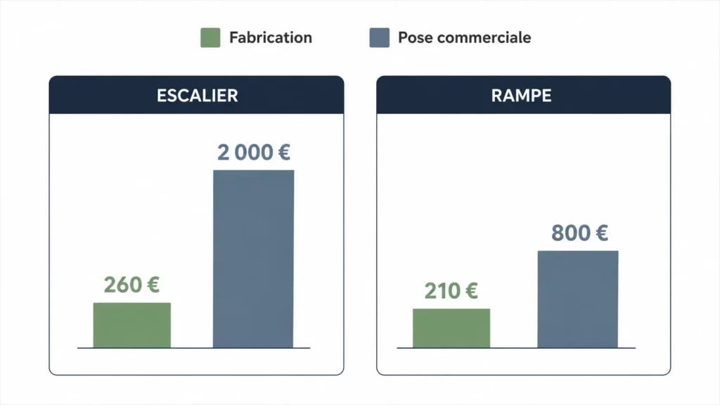 Comparatif du coût de fabrication d’un escalier à limon central et de sa rampe avec le prix d’une pose commerciale