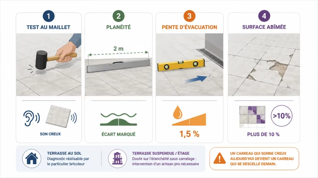 Infographie des quatre contrôles d’une terrasse carrelée avant rénovation : test au maillet, planéité, pente d’évacuation et carreaux abîmés.