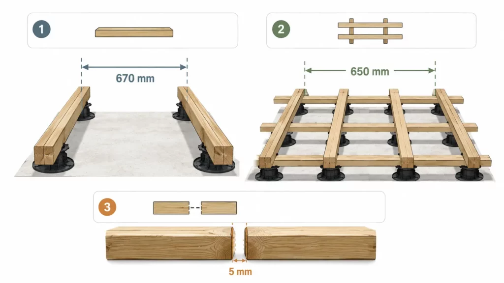 Infographie montrant un entraxe de 670 mm en pose simple, 650 mm en lambourdage croisé et un jeu de dilatation de 5 mm entre lambourdes.