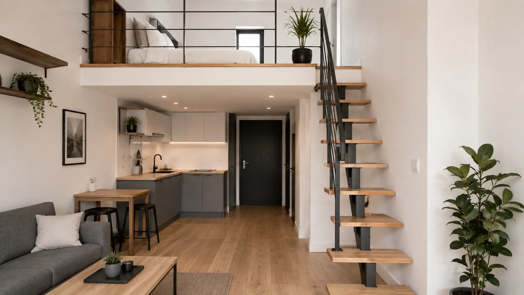 Escalier gain de place en bois et métal installé dans un petit intérieur contemporain avec mezzanine afin d'optimiser la surface habitable.