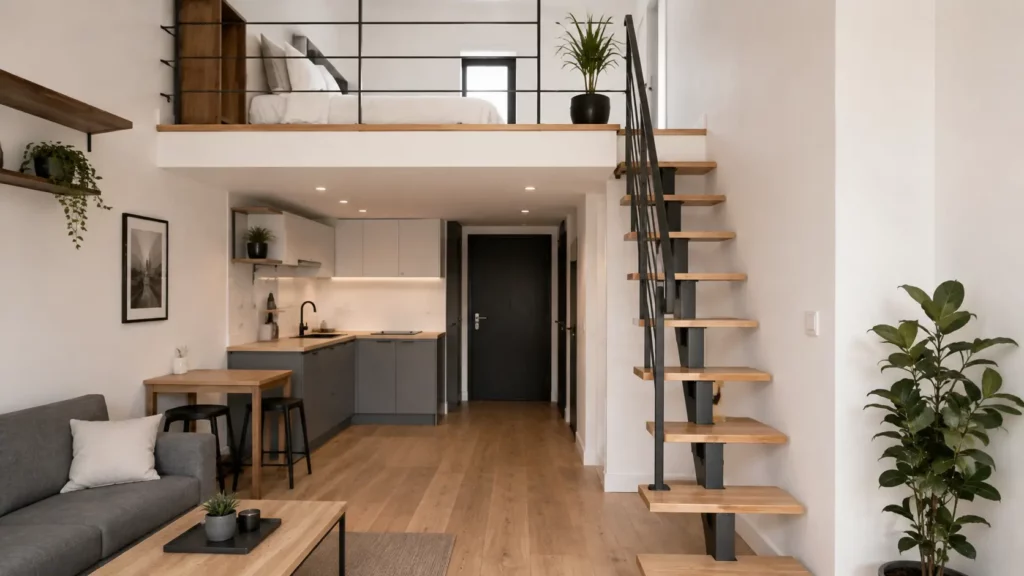 Escalier gain de place à marches alternées desservant une mezzanine dans un appartement de petite surface avec trémie compacte et intérieur contemporain lumineux.