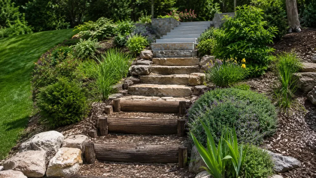 Escalier de jardin en pente associant des marches en rondins de bois, en pierre naturelle et en béton habillé de pierre, intégré dans un aménagement paysager.