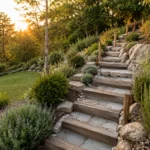Escalier de jardin : le guide technique pour concevoir et construire une pente sûre Escalier de jardin en bois et pierre naturelle aménagé sur un terrain en pente, avec main courante discrète et végétation paysagère.