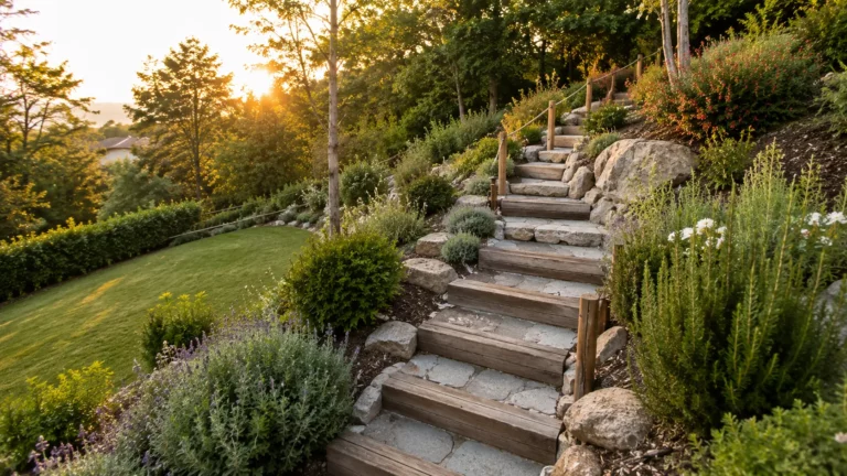 Escalier de jardin en bois et pierre naturelle aménagé sur un terrain en pente, avec main courante discrète et végétation paysagère.