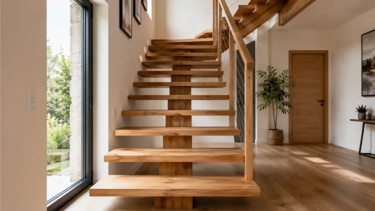Escalier intérieur à limon central en bois massif avec marches ouvertes et garde-corps