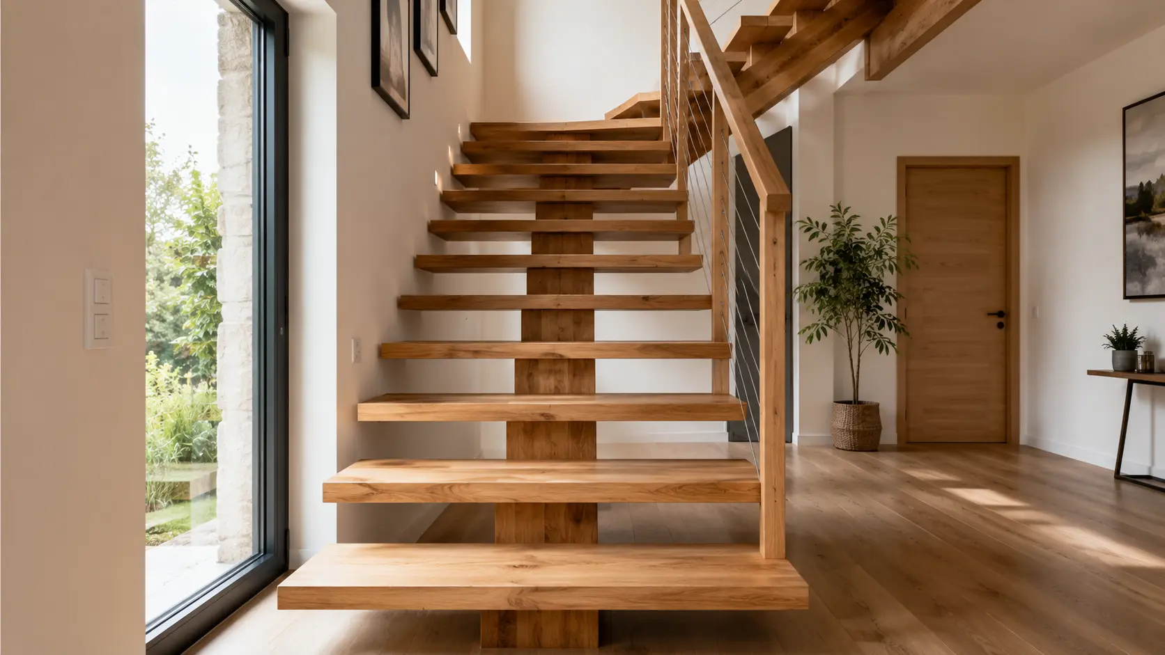 Escalier intérieur à limon central en bois massif avec marches ouvertes et garde-corps