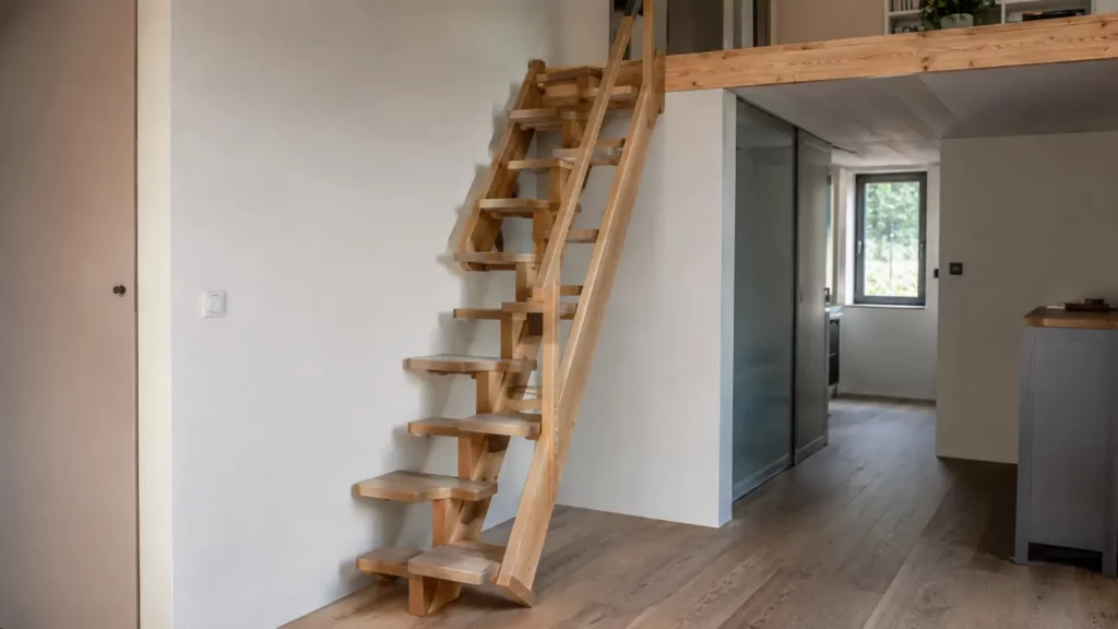 Escalier à pas japonais en bois clair avec marches alternées menant à une mezzanine dans un intérieur contemporain.