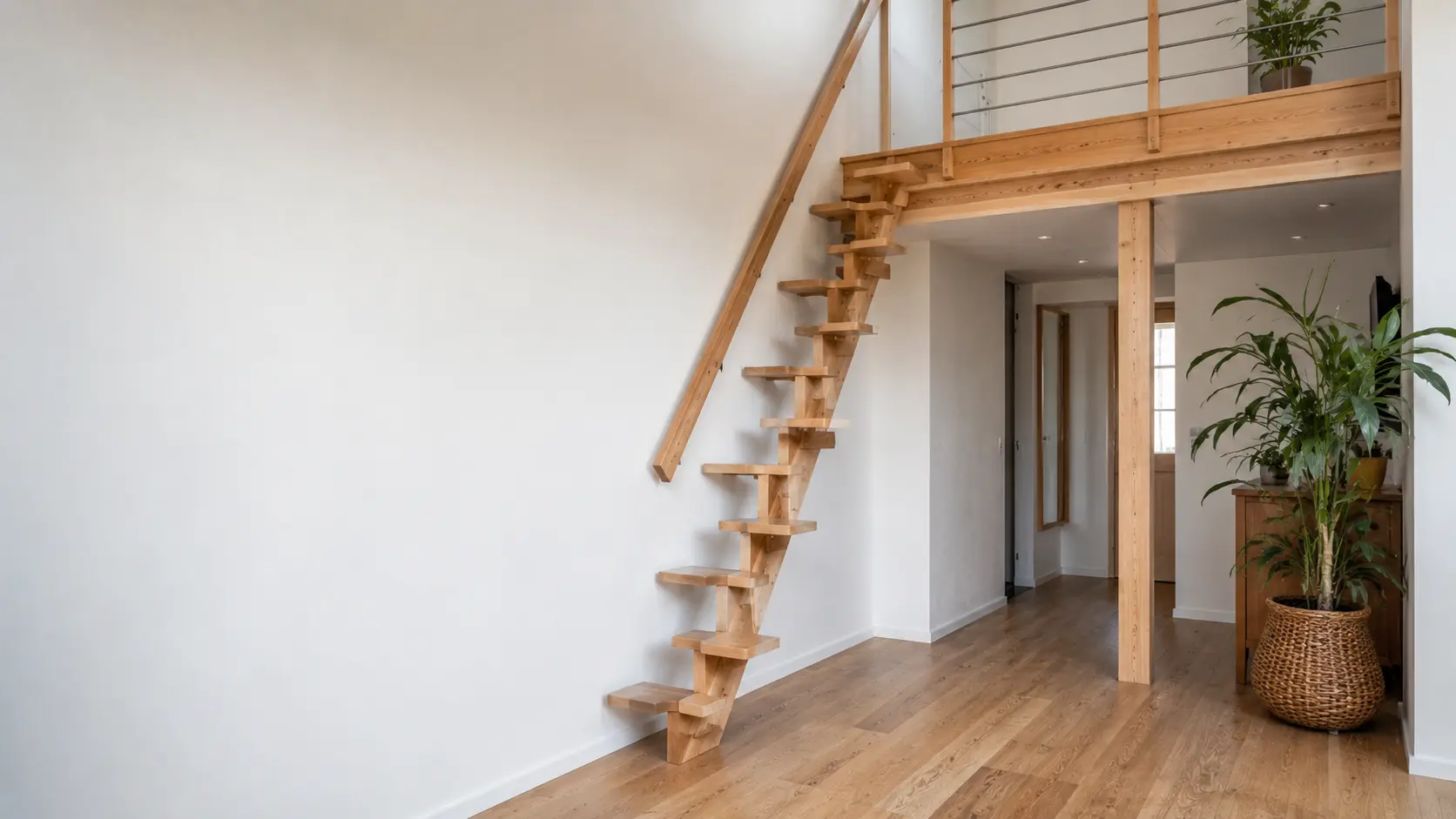 Escalier à pas japonais en bois clair avec marches décalées installé dans un petit espace et menant à une mezzanine.