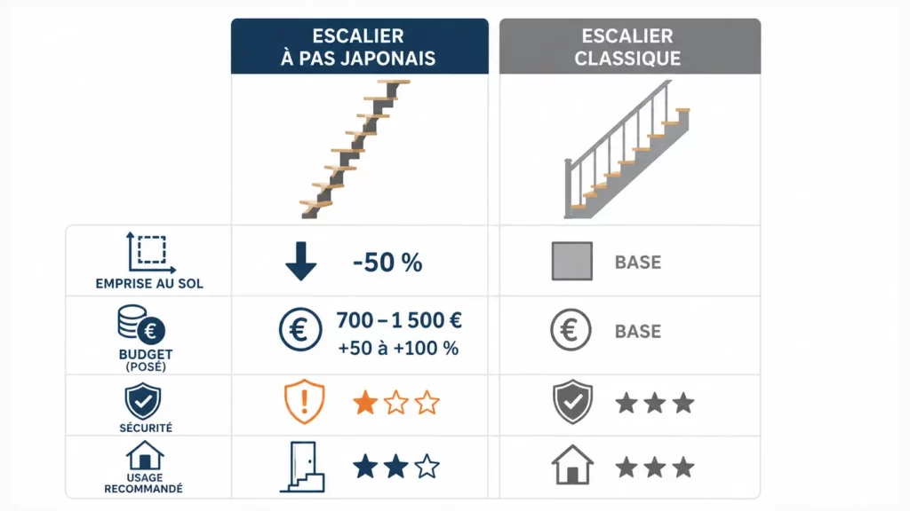 Comparatif entre escalier à pas japonais et escalier classique selon l’emprise au sol, le budget, la sécurité et l’usage recommandé.