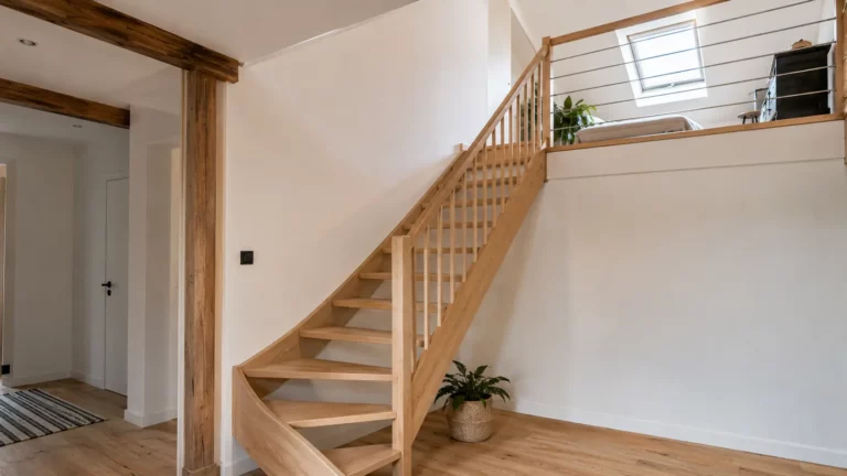 Escalier en bois quart tournant reliant le rez-de-chaussée à des combles aménagés lumineux avec garde-corps sobre, trémie apparente et fenêtre de toit.