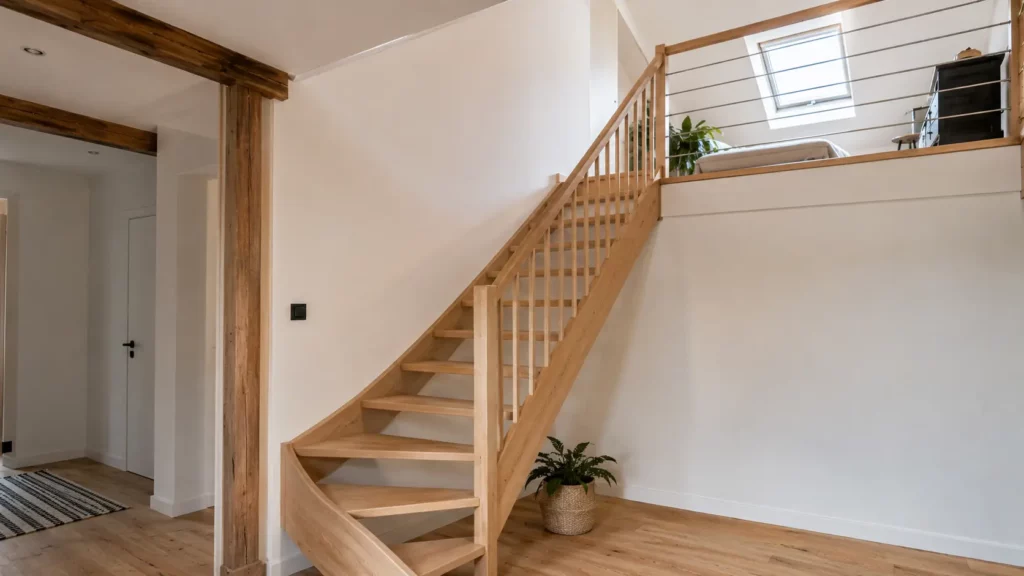 Escalier quart tournant en bois clair menant à des combles aménagés avec garde-corps discret, trémie visible et lumière naturelle provenant d'une fenêtre de toit.