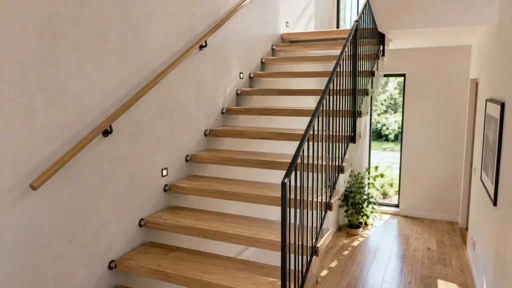Escalier suspendu intérieur en bois avec main courante murale et garde-corps à barreaux verticaux