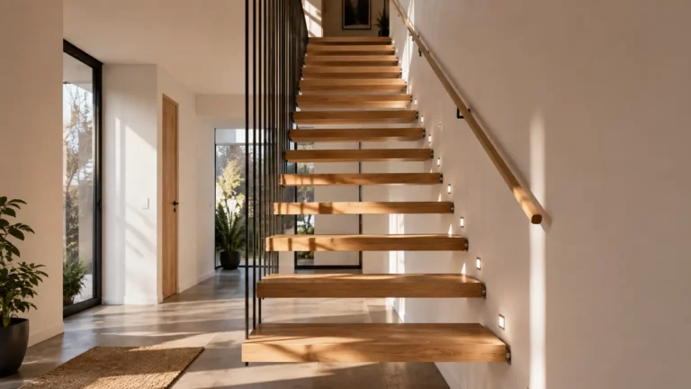 Escalier suspendu intérieur en bois avec marches ancrées au mur, main courante et garde-corps