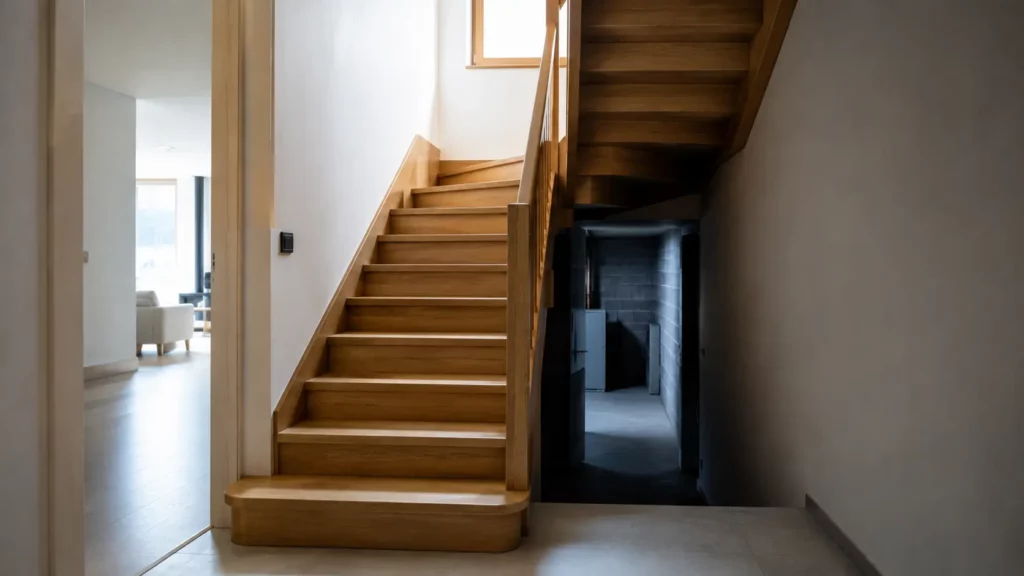 Escalier tournant en bois dans une maison contemporaine, avec contraste entre un étage lumineux et un sous-sol sombre illustrant les déperditions thermiques et la circulation de l'air.