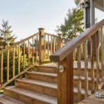Rampe d’escalier extérieur en bois avec garde-corps, fixations inox et perceuse pour la pose.