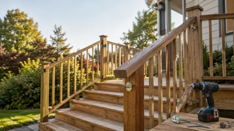 Rampe d’escalier extérieur en bois avec garde-corps, fixations inox et perceuse pour la pose.