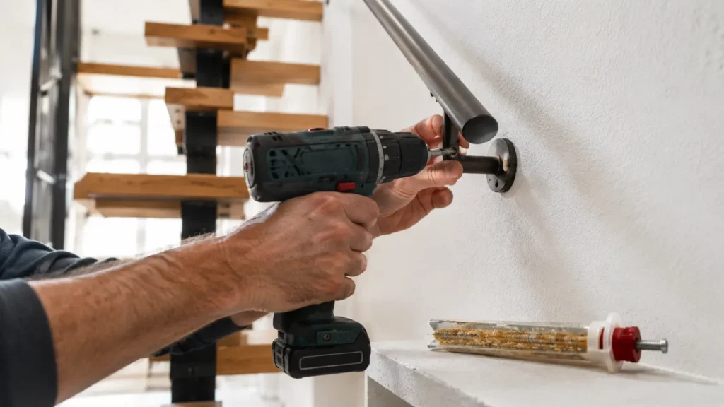 Artisan fixant une main courante au mur à côté d’un escalier à pas japonais à l’aide d’une perceuse et d’un scellement chimique.