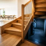 Escalier tournant mal isolé : ce que révèlent les normes et les chiffres Escalier tournant en bois dans une maison contemporaine, avec un étage lumineux et un sous-sol plus sombre illustrant les déperditions thermiques entre deux niveaux.