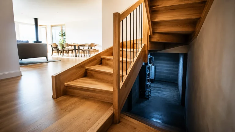 Escalier tournant en bois dans une maison contemporaine, avec un étage lumineux et un sous-sol plus sombre illustrant les déperditions thermiques entre deux niveaux.