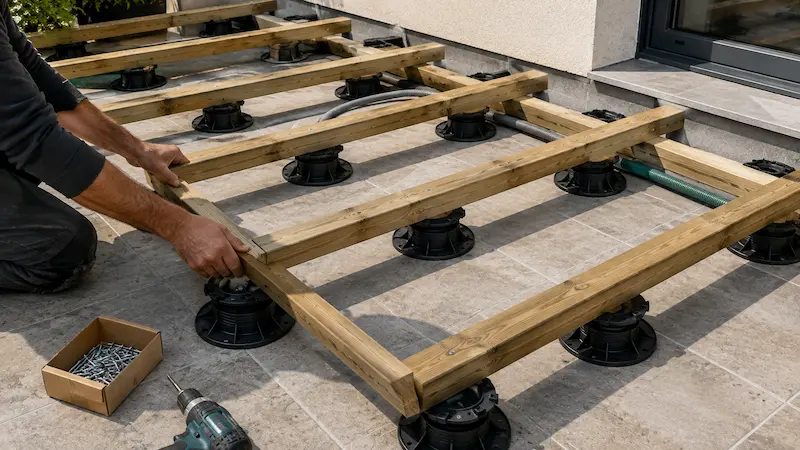 Pose de lambourdes en bois sur plots réglables au-dessus d’une terrasse carrelée existante avant installation du platelage.