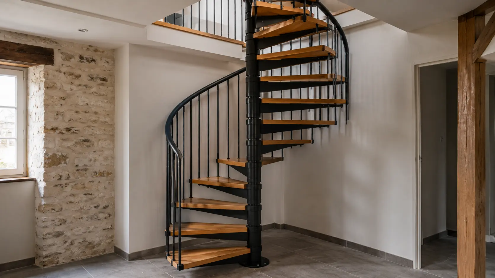 Escalier en colimaçon entièrement installé dans une maison avec colonne centrale métallique, marches en bois massif, garde-corps et main courante incurvée.