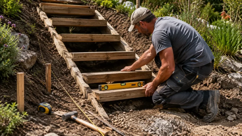 Pose d'un escalier de jardin en bois sur limons avec contrôle de l'horizontalité au niveau à bulle et outils de traçage sur un terrain en pente.