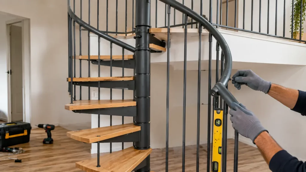 Pose du garde-corps et de la main courante d'un escalier en colimaçon terminé avec contrôle de la verticalité des colonnettes lors des finitions.