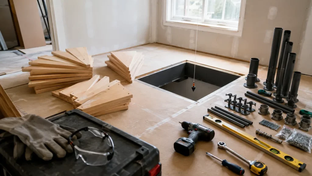 Préparation d'un chantier de pose d'escalier en colimaçon avec trémie, kit d'escalier, outils professionnels et sol protégé.