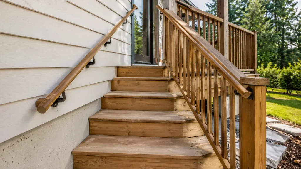 Escalier extérieur en bois avec main courante et garde-corps à barreaux verticaux conformes aux normes de sécurité.