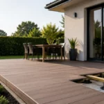 Terrasse carrelée rénovée avec un platelage en bois composite posé sur lambourdes et plots réglables, sans démolition du carrelage existant.