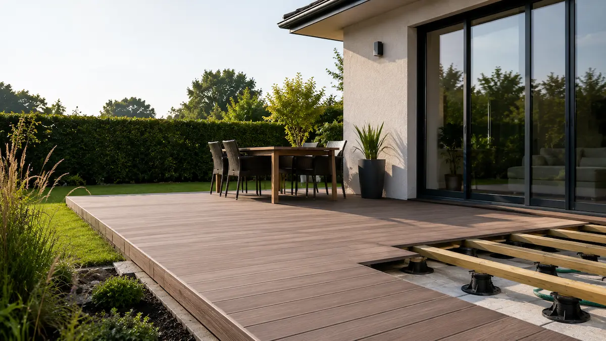 Terrasse carrelée rénovée avec un platelage en bois composite posé sur lambourdes et plots réglables, sans démolition du carrelage existant.