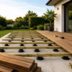 Terrasse en bois en cours de construction sur dalle béton avec lambourdes posées sur plots réglables et lames partiellement installées.