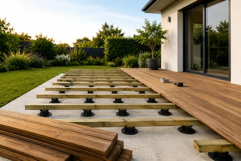 Terrasse en bois en cours de construction sur dalle béton avec lambourdes posées sur plots réglables et lames partiellement installées.