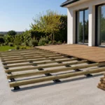 Terrasse en bois en cours de pose sur dalle béton avec lambourdes surélevées, plots et lames partiellement installées.