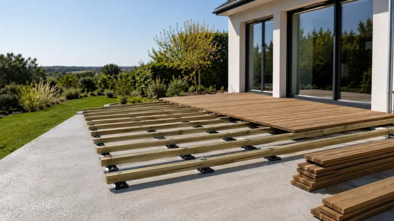 Terrasse en bois en cours de pose sur dalle béton avec lambourdes surélevées, plots et lames partiellement installées.