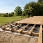 Terrasse bois sur sol meuble : la méthode pour une pose stable et durable Terrasse en bois en cours de construction sur sol meuble avec lambourdes, plots de fondation et lames partiellement posées.