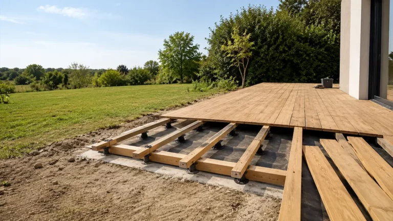 Terrasse en bois en cours de construction sur sol meuble avec lambourdes, plots de fondation et lames partiellement posées.