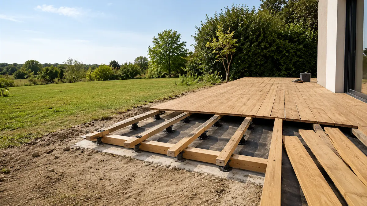 Terrasse en bois en cours de construction sur sol meuble avec lambourdes, plots de fondation et lames partiellement posées.