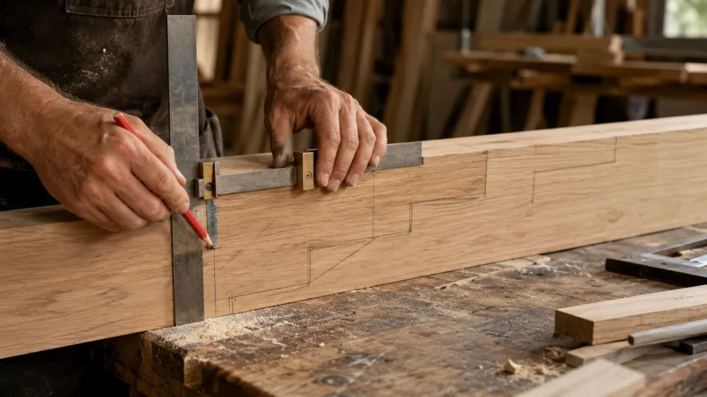 Traçage d’un limon d’escalier en bois à l’équerre de charpentier avant découpe