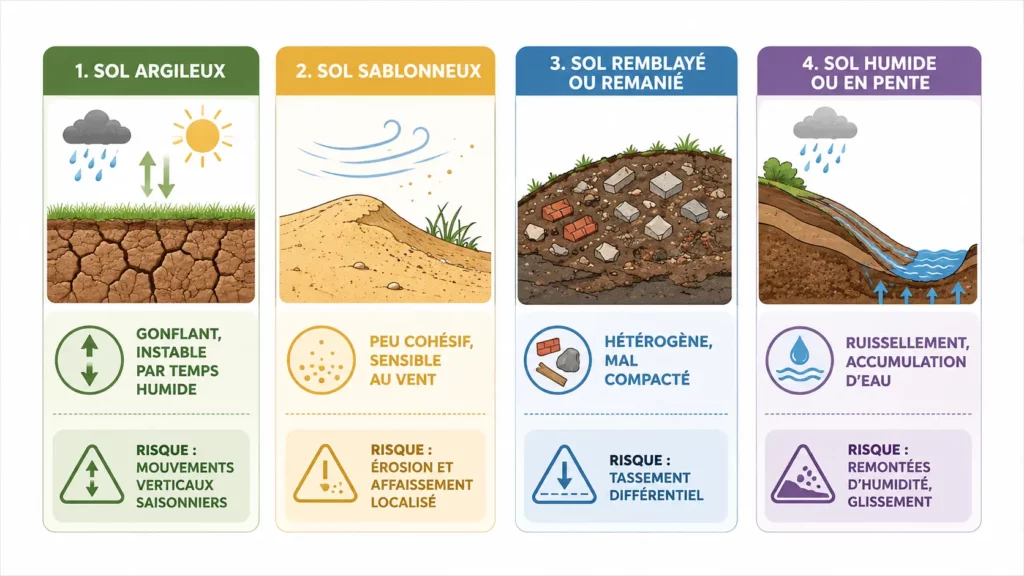 Infographie des quatre types de sols meubles à diagnostiquer avant de poser une terrasse bois : argileux, sablonneux, remblayé et humide.