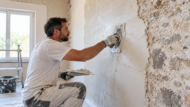 Artisan appliquant un enduit à la chaux à la truelle sur un mur intérieur en pierre