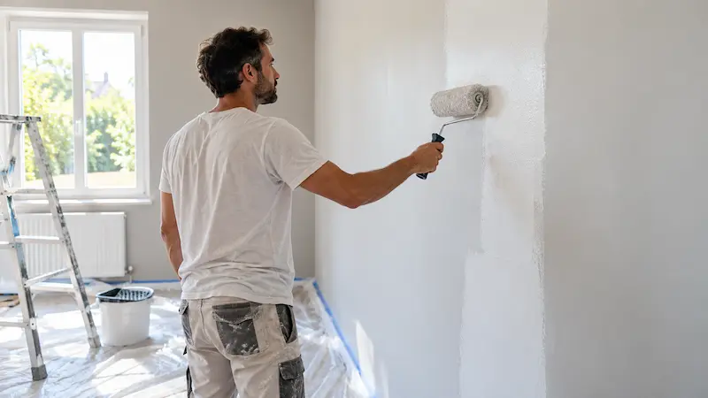 Application d’une peinture acrylique au rouleau sur un mur intérieur déjà peint